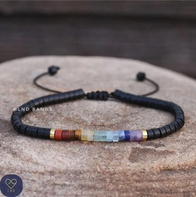 7 Chakra Handarbeit Heilarmband mit schwarzem Stein, Meditation Böhmisches Yoga