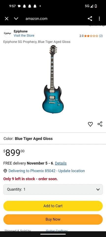 Electric Guitar Epiphone SG Prophecy Electric Guitar Blue Tiger Aged Gloss - Image 2 of 4