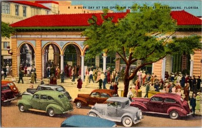 Vtg Linen Postcard Open Air Post Office St Petersburg FL 1940s