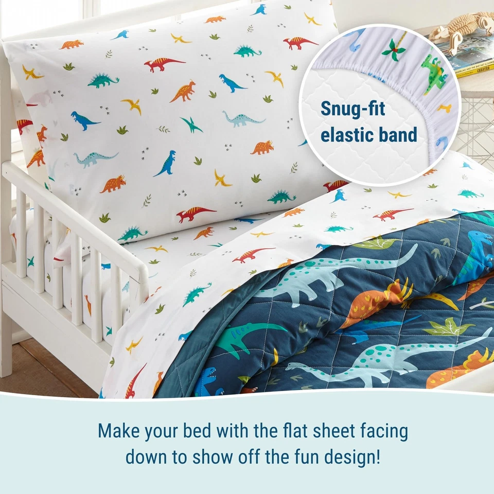 Cama para niños pequeños de 4 piezas en una bolsa - edredón de algodón, sábanas y funda de almohada para... Foto 4 de 4