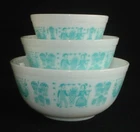 PYREX - 3 pc. Turquoise on White BUTTERPRINT Mixing, Nesting Bowl Set