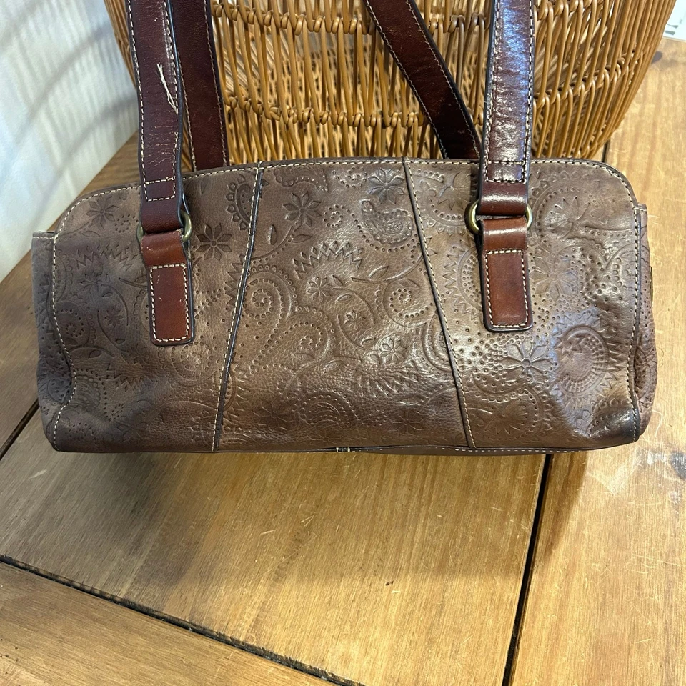 FOSSIL Vintage Leather East West Embossed Paisley Light Brown Dark Handles  - Image 3 of 4