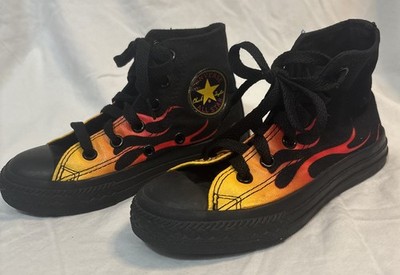 Converse Youth 11 Flame Print Black High Tops Chuck Taylor Black Sole Shoes