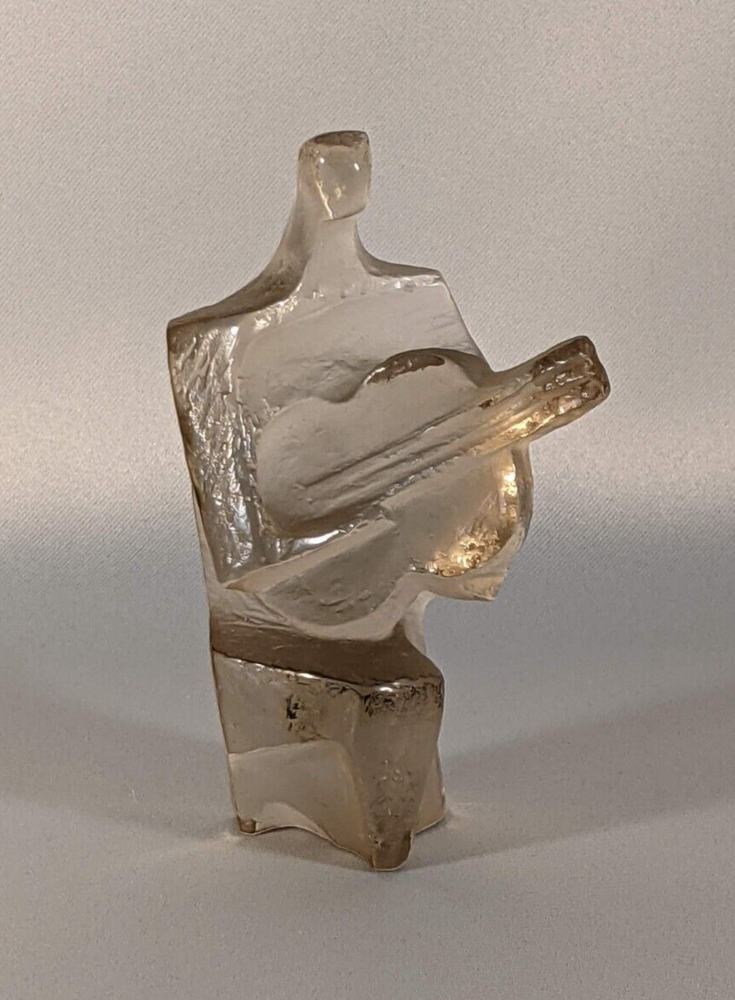 Jan Cerny Czech Glass Sculpture GUITAR PLAYER Orig Satin Lined Box Vintage 1970s