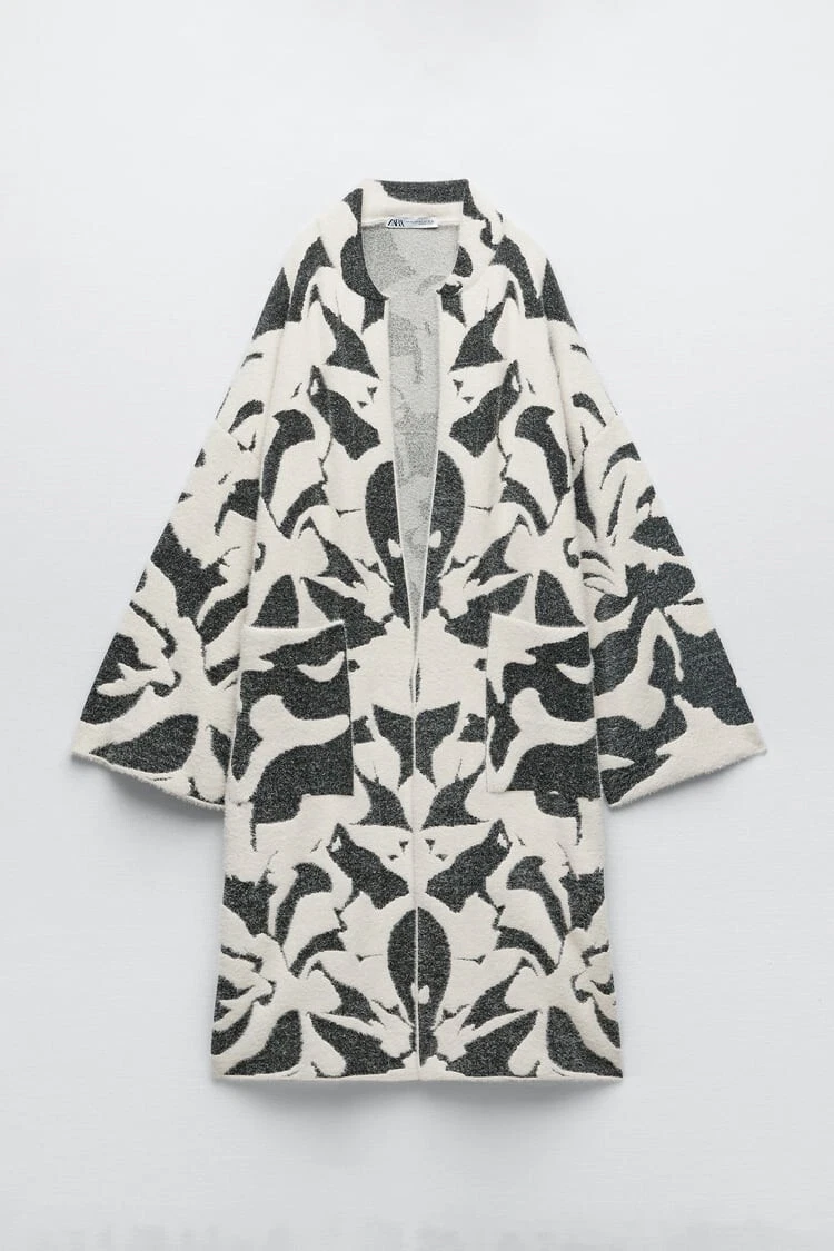 OFF WHITE CAPPOTTO COATIGAN ZARA OFF WHITE BLACK JACQUARD MAGLIA TAGLIA M L NUOVO