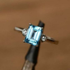 2.50Ct Emerald Cut Aquamarine Three-Stone Engagement Ring 14K White Gold Finish