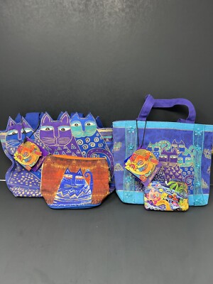 Laurel Burch Indigo Cats Canvas Tote Handbag Purse Makeup Bag Card Holder Lot 4