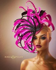 Kentucky Derby Hat Oaks Fascinator Hat Hot Pink Fuchsia and Black Feather Hat