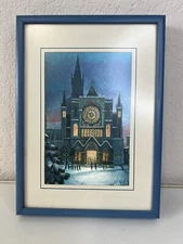 Framed Cathedral Artwork Church Shimmers Winter Christmas Snow 7.25"x5.25"