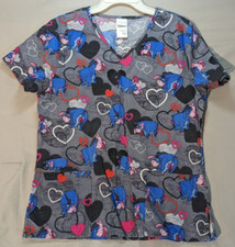 Size M Womens Scrub Top Disney Winnie The Pooh Piglet Eeyore Hearts Grey