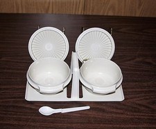 TUPPERWARE SERVALIER CONDIMENT BOWLS WITH TRAY & SPOON