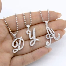 1" CZ Cursive Initial Moon-Cut Bead Ball Chain Necklace Sterling Silver 925