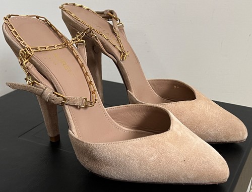 Saint Laurent YSL Venus Beige Suede Gold Chain Strap Pointed Pumps 36.5 6.5 $995 - Picture 11 of 21