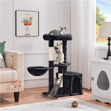 Adult Cat Tree Black Cat Tower Furniture as Activity Center w/ Basket for kitten