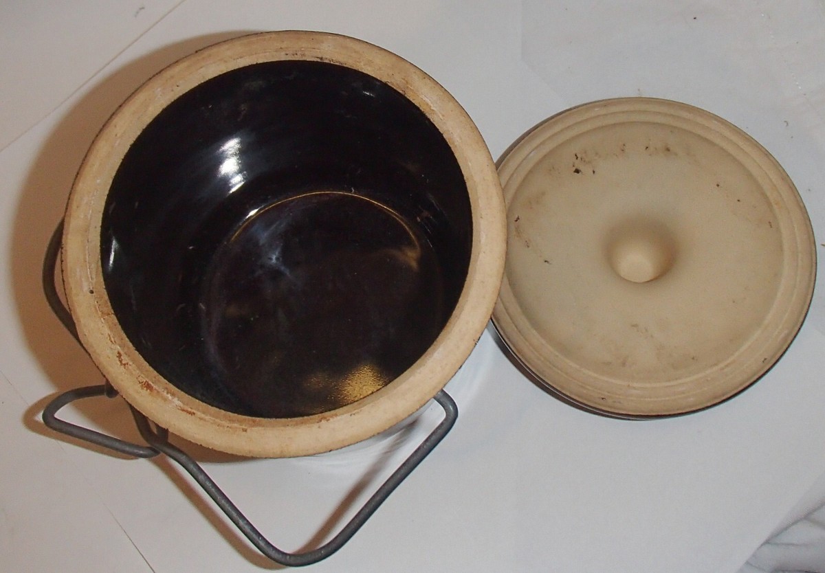 Vintage Cheddar Cheese Brown Wired Pottery Crock Lidded Tub Ye