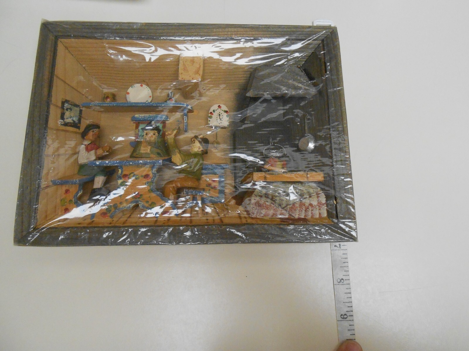 Vintage 3D Diorama German Wooden Hand Painted Shadow Box Kitchen Scene