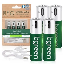 bgreen USB-C Rechargeable AAA Batteries 900mAh – 4PC with 4-in-1 Charging Cable