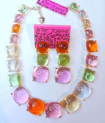 Colorful Pastel JEWELS Purple Green Blue Betsey Johnson Necklace Earrings SET
