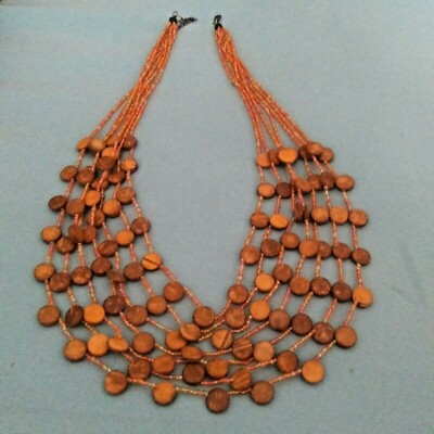 Vintage Handmade Cascading Orange Seed and Wood Bead Necklace - Beautiful!