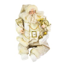 Vintage Christmas Santa Claus with Horn Plush Shelf Sitter Sitting Ivory  Gold
