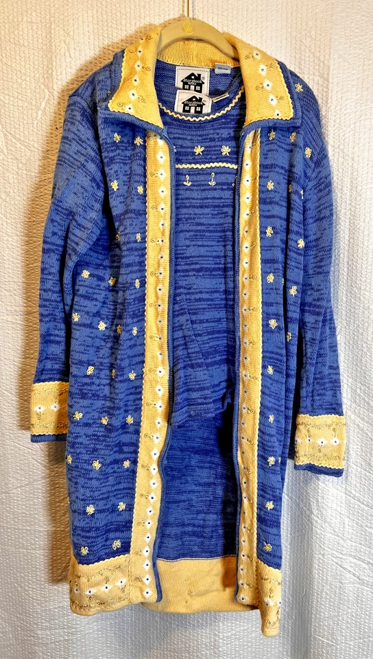 Conjunto doble cárdigan plumero suéter punto cuentos azul mujer extra pequeño casa de campo Foto 2 de 4