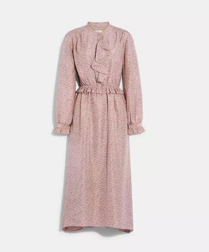 pink coach dress COACH Ruffle Front Dress With Gathered Yoke, Size 6 100% Silk $339