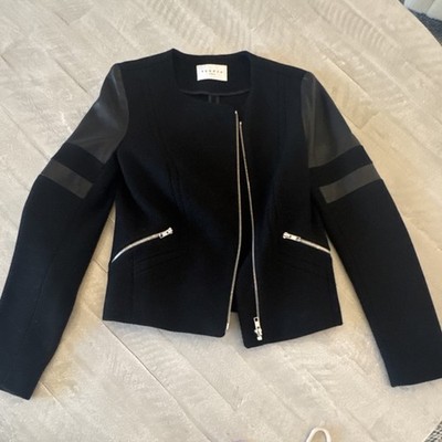 Sandro Black Jacket Leather Trim Zippered Pockets Lined Women s Size 36 V5672E