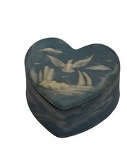Vintage Ring Trinket Box Heart Shaped Blue Soapstone Cameo Carved Design Gifts