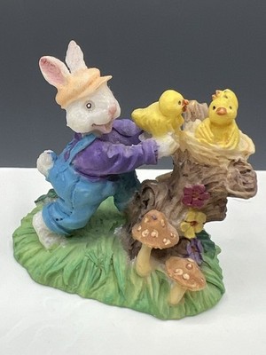 Easter Bunny White Rabbit Tending Yellow Chick Tree Mushroom Toadstool Spring 2 