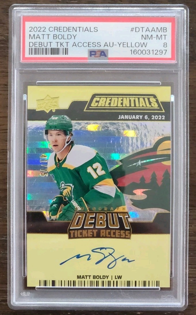 2022-23 Upper Deck Credentials Debut Ticket Access Auto Matt Boldy /75 PSA 8