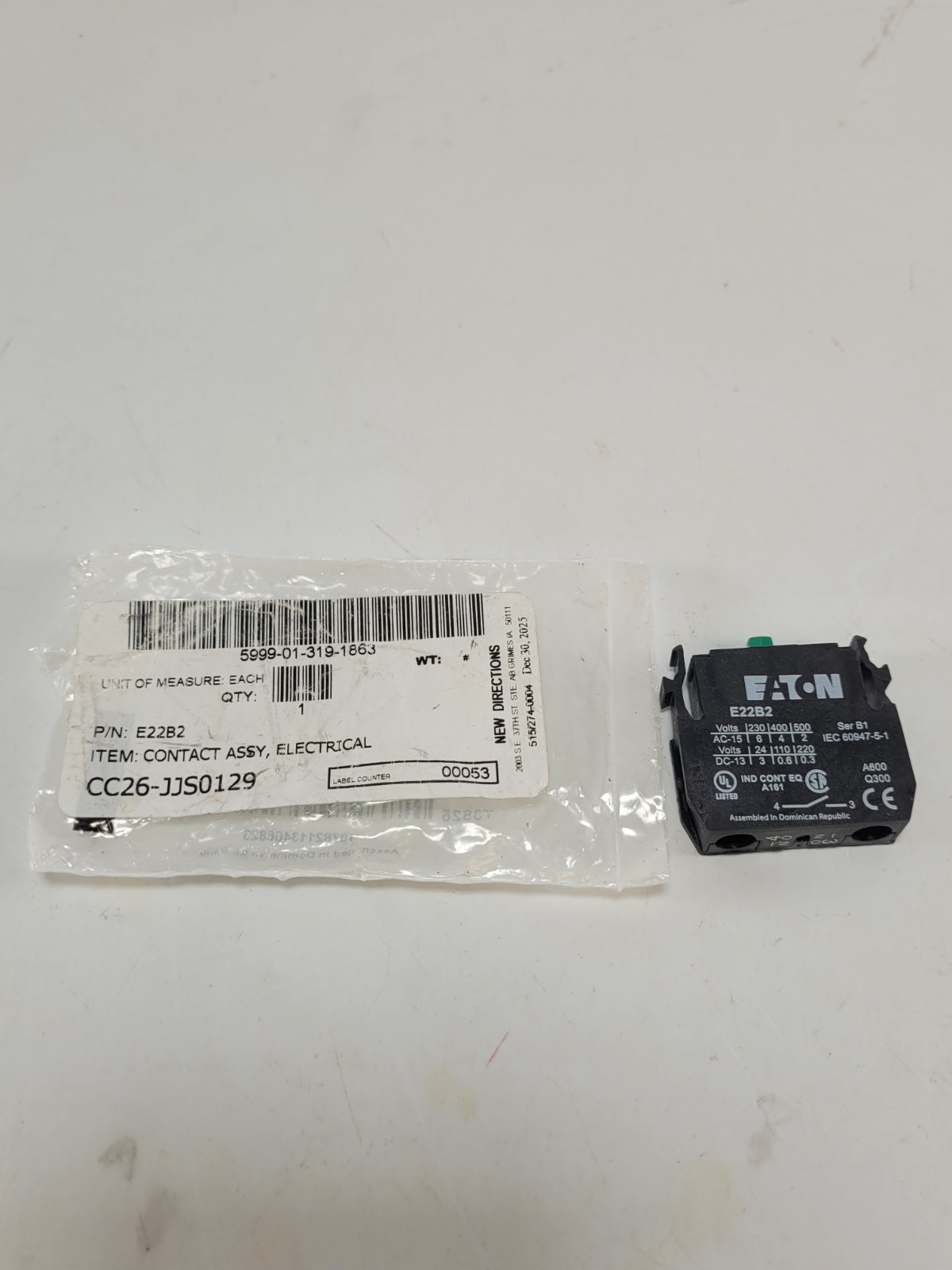 Eaton Cutler-Hammer E22B2 Contact Block 1NO Series B1 22.5mm Push Button