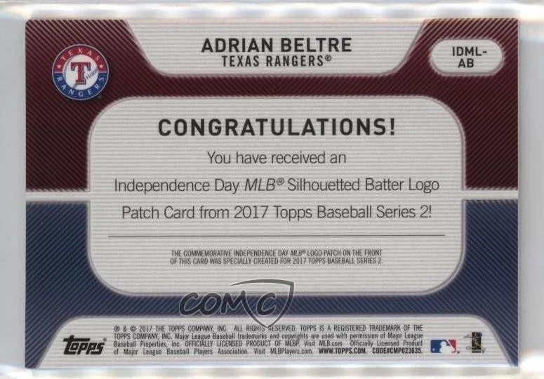 2017 Topps Black /50 Adrian Beltre #IDML-AB Patch HOF - Image 2 of 2
