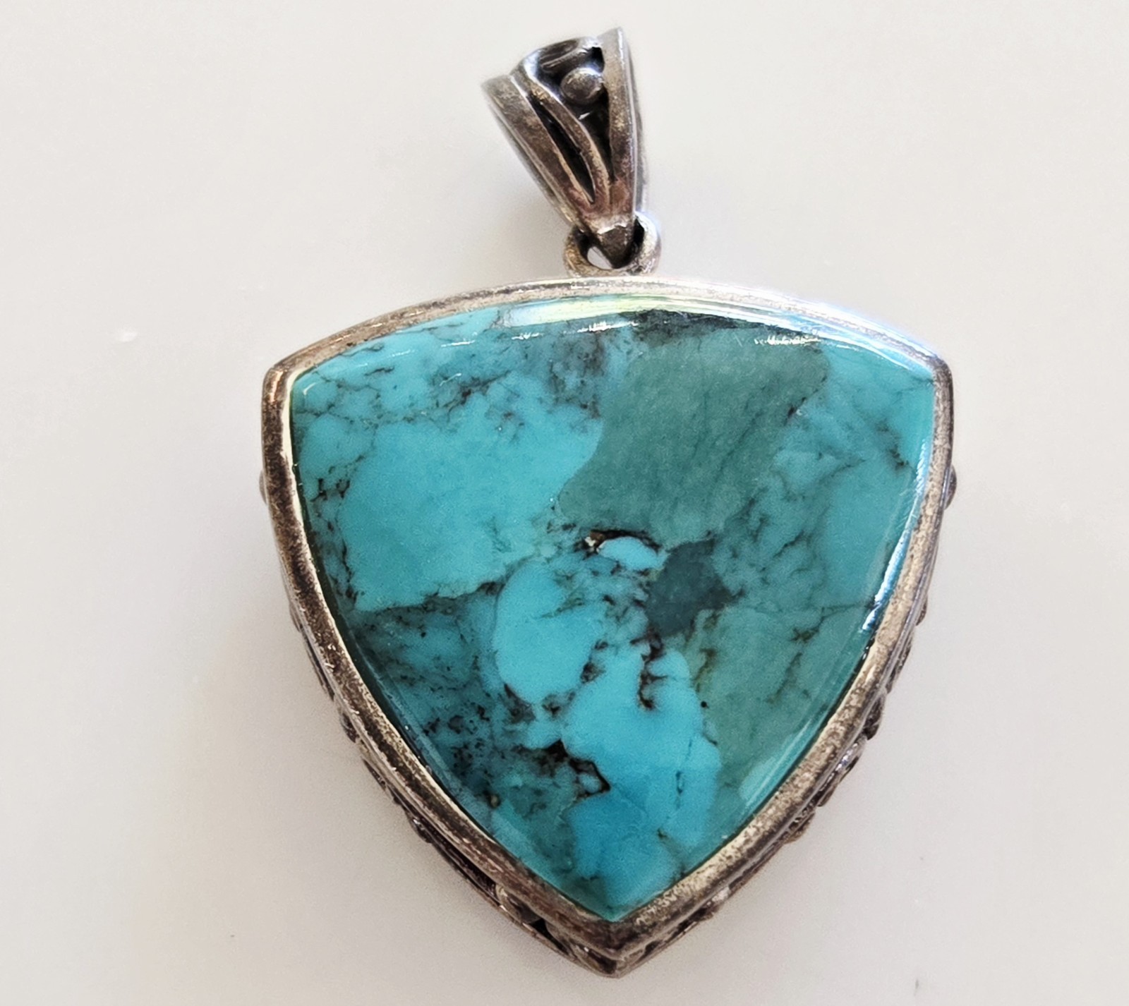 Vtg Southwestern .925 Sterling Silver NK Thailand Trinagular Turquoise Pendant