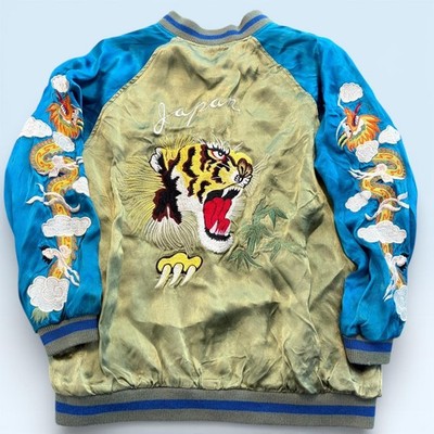 Vintage Orient Express Sukajan Jacket Mens Large Blue Tiger Dragon Japan 80s