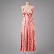 Floral Fairy Satin Babydoll Maxi Slip Dress Size XS Pink Lace Coquette Romantic