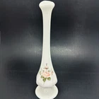 Fenton White Milk Glass Bud Vase Hand Painted Pink Flowers Signed Ray C 8 3/4"