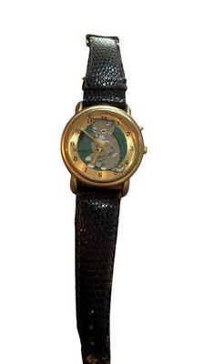 VINTAGE GRAY CAT WATCH W/ MOUSE SECOND HAND LEATHER BAND FOREST/ BROWN