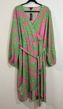 Boohoo Plus Size 18 Satin Floral Wrap Midi Dress Pink Green Long Sleeve Belted