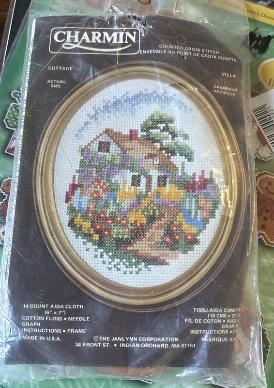  JanLynn Charmin "Cottage" #04-157 Cross Stitch with frame sealed USA made vtg