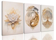 3 Piece Tree Of Life Canvas Wall Art Zen Gold Lotus Flower Wall Art Bathroom ...