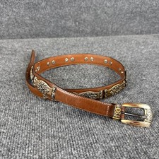 Vintage 1995 Brighton Brown Leather Belt Gold Tone Western Buckle Accents Size M