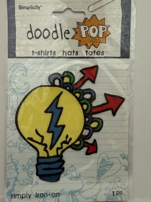 Simplicity Doodle Pop Light Bulb Voltage Power Yellow Iron On Patch 4  X 4 