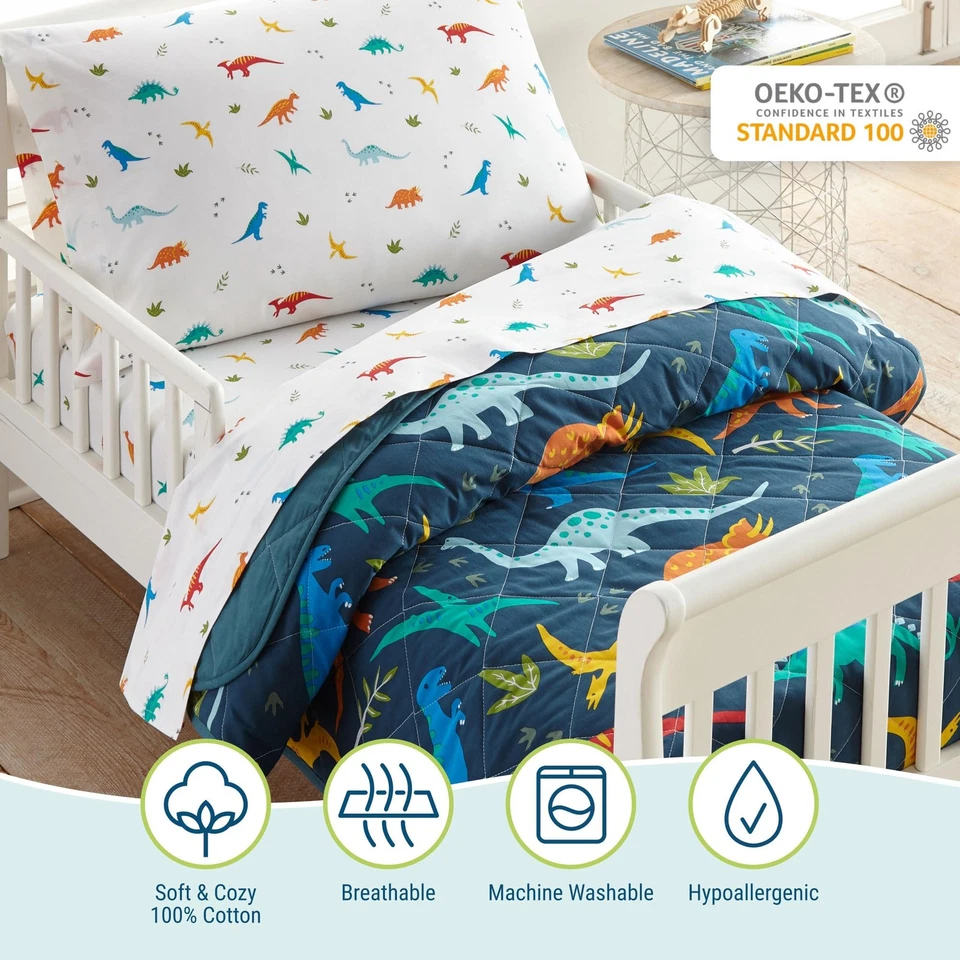Cama para niños pequeños de 4 piezas en una bolsa - edredón de algodón, sábanas y funda de almohada para... Foto 2 de 4