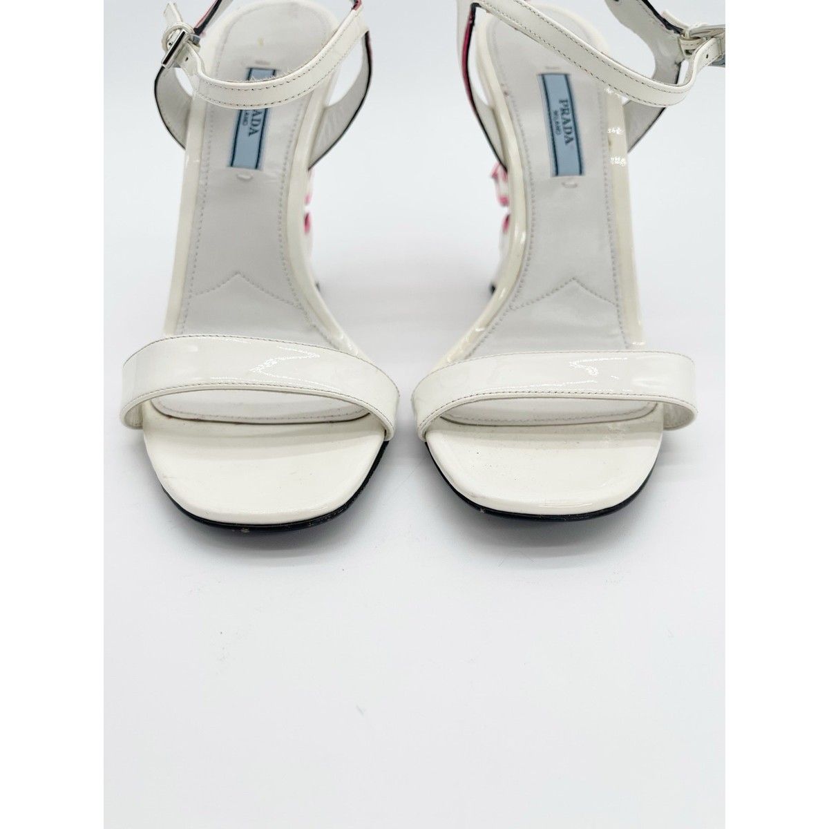 Prada Flame Wedge Sandals White Patent Neon Pink 2018 Reissue