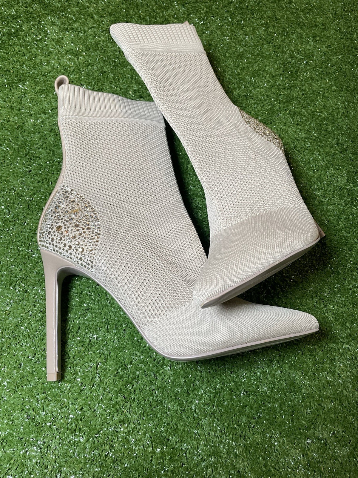 Steve Madden Maxwelle Rhinestone High Heel Sock Boots Beige