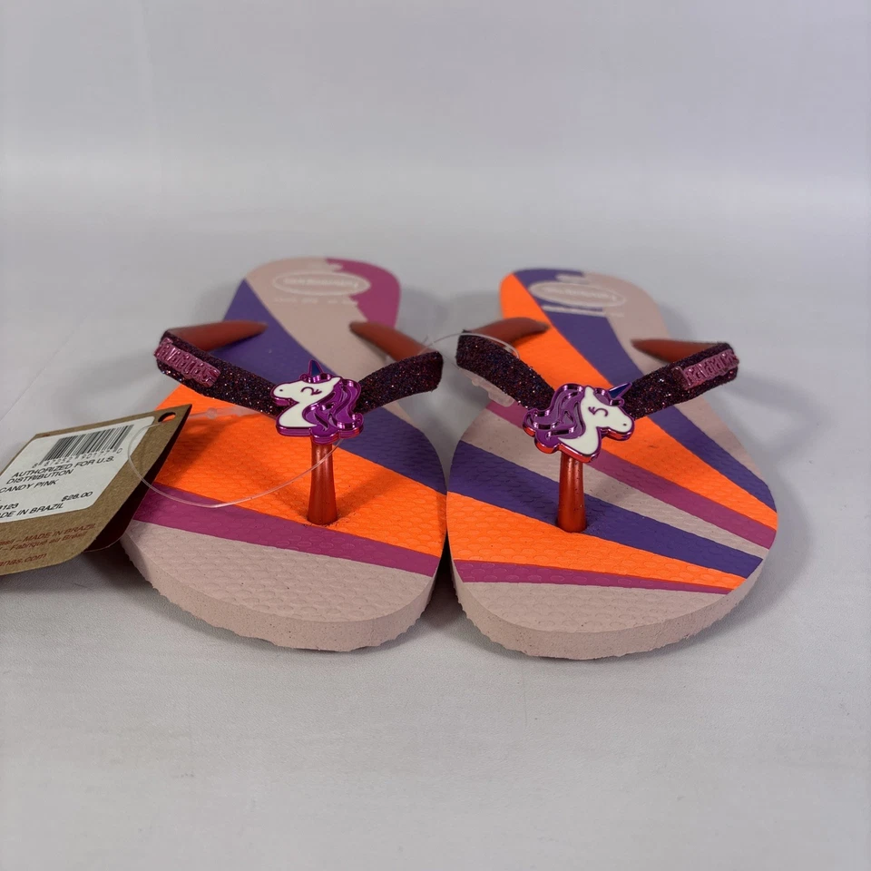 Havaianas Slim Glitter Unicorn Kids Size 2Y Pink Candy Slip On Flip Flops-NEW - Image 3 of 4