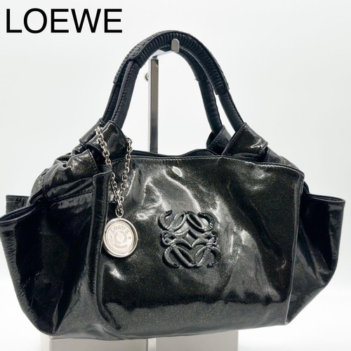 LOEWE Nappa Aire Patent Leather Black Handbag Logo Charm Large Tote 43cm