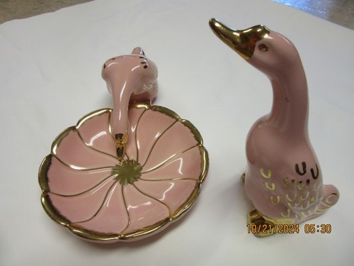 Vintage Geese with Dish Pink w/ Gold Ceramic Figurines set of 3 - Picture 5 of 6