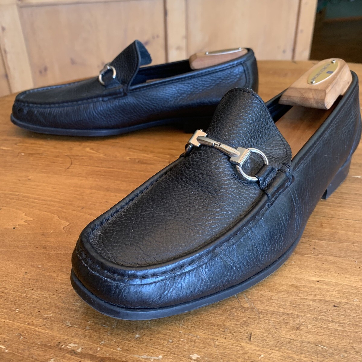 Sandro Moscoloni Black Pebble Leather Gancini Bit Loafers 