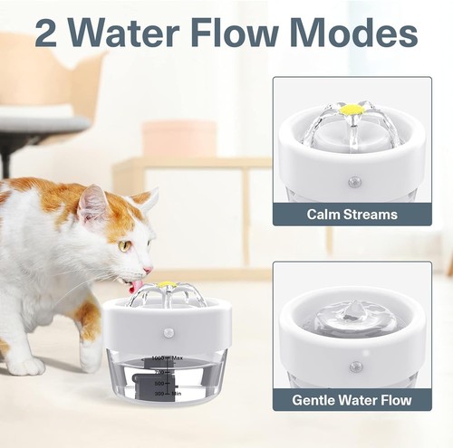 Wireless Cat Water Fountain 1L, Ultra Silent Battery Operated, 2 Flow Modes, Sen - Picture 3 of 7